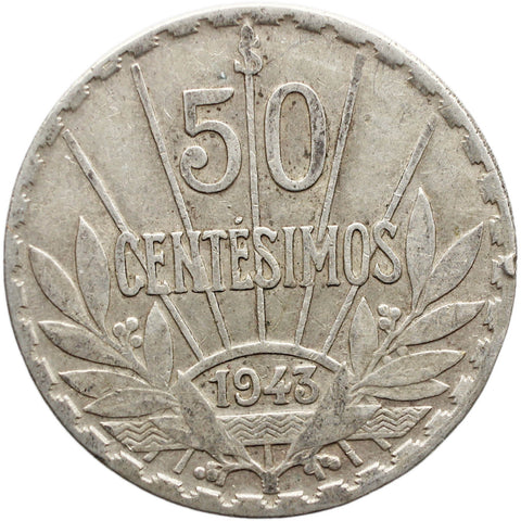 1943 50 Centavos Uruguay Coin Silver Santiago Mint
