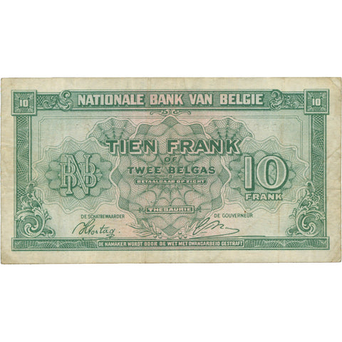 1943 Belgium 10 Francs Banknote