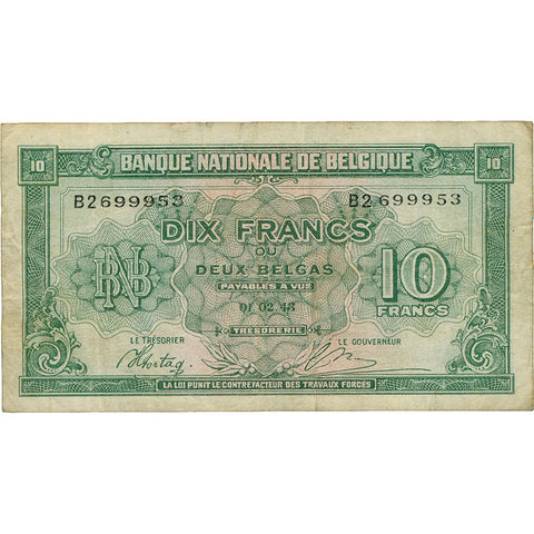 1943 Belgium 10 Francs Banknote