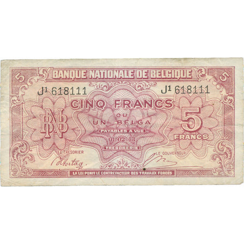 1943 Belgium 5 Francs Banknote