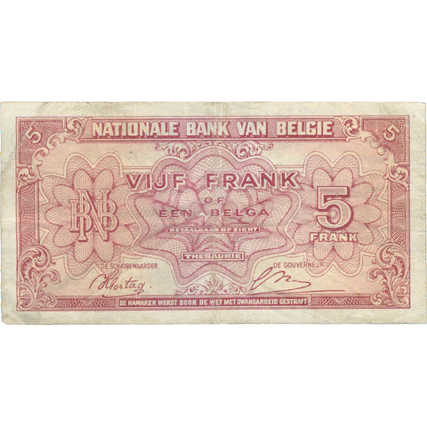 1943 Belgium 5 Francs Banknote