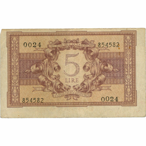1944 Italy 5 Lire Banknote