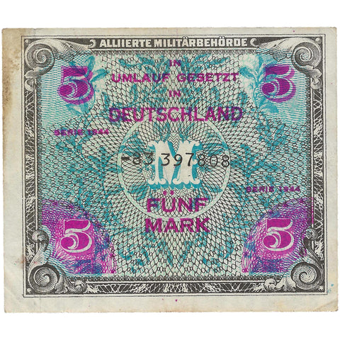 1944 5 Mark Germany Banknote Allied Occupation