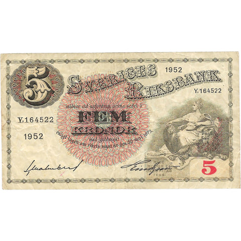 1952 Sweden 5 Kronor Banknote