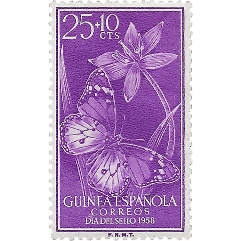 1958 25+10 Spanish Céntimos Spanish Guinea Stamp African Monarch (Danaus chrysippus) Flowers Butterflies