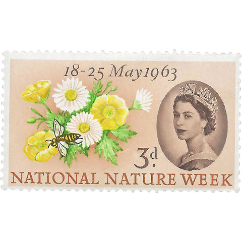1963 3 d Elizabeth II Stamp United Kingdom National Nature Week Buttercup, Common Daisy, Honey Bee