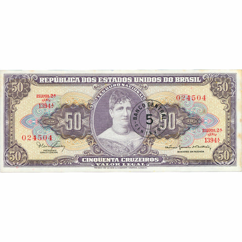 1966 Brazil 50 Cruzeiros Banknote Overprinted