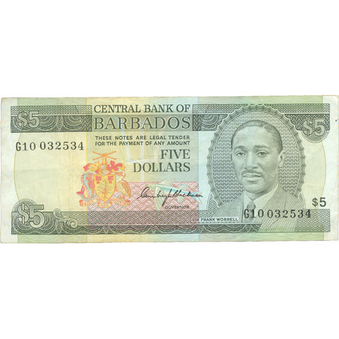 1975 Barbados 5 Dollars Banknote