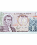 1980 Colombia 10 Pesos Oro Banknote