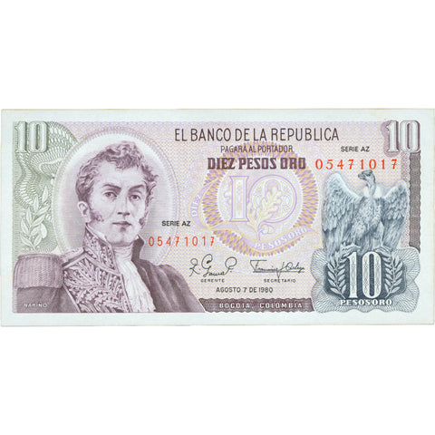1980 Colombia 10 Pesos Oro Banknote