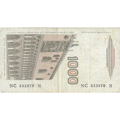 1982 Italy 1000 Lire Banknote Signature Ciampi and Stevani