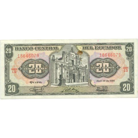 1986 Ecuador 20 Sucres Banknote