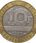 French coin with the number 10 and year 1990 on a white background
