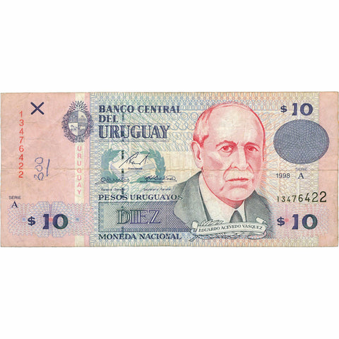 1998 Uruguay 10 Pesos Uruguayos Banknote