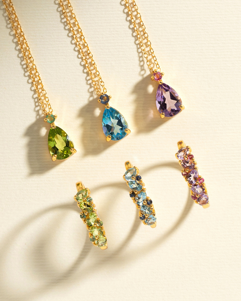Halber Memoirering mit tropfenförmigem rosa Rubin & Amethyst in 18 Karat Gold Vermeil
