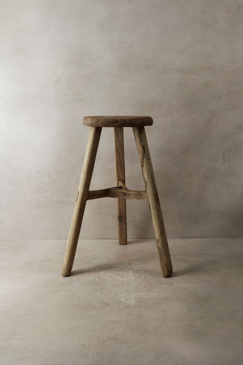 Vintage Rustic Elm Wood Stool - Round - No 2