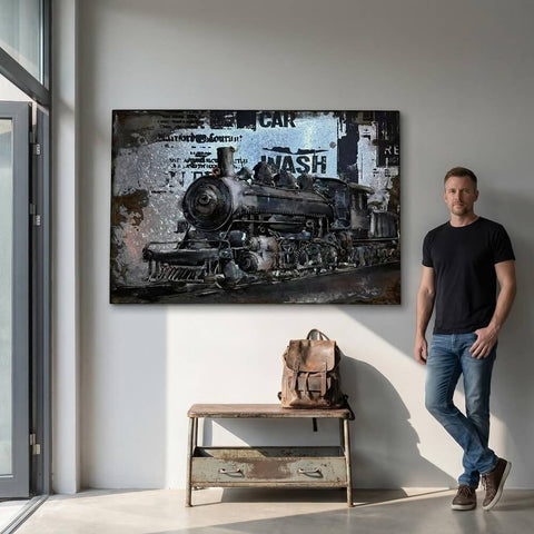 Industrial Vintage Steam Train 3D Metal Wall Art, Original Painting, Living Room Decor, Unique Gift