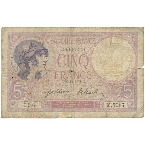 1918 France 5 Francs Banknote