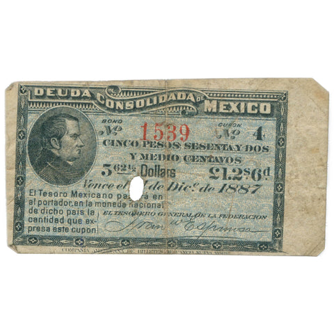 Rare 1887 Mexico Deuda Consolidada 5 Pesos 60 Centavos 