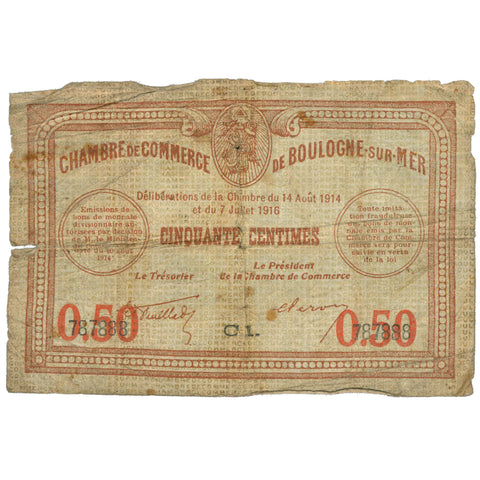 1914-1916 50 Centimes Emergency Note France Boulogne-sur-Mer