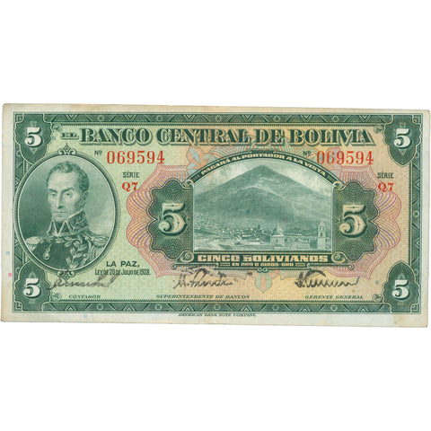 1936 Bolivia 5 Bolivianos Banknote