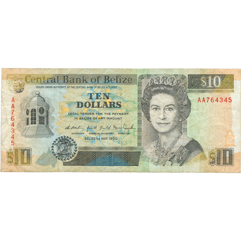 1990 Belize 10 Dollars Banknote