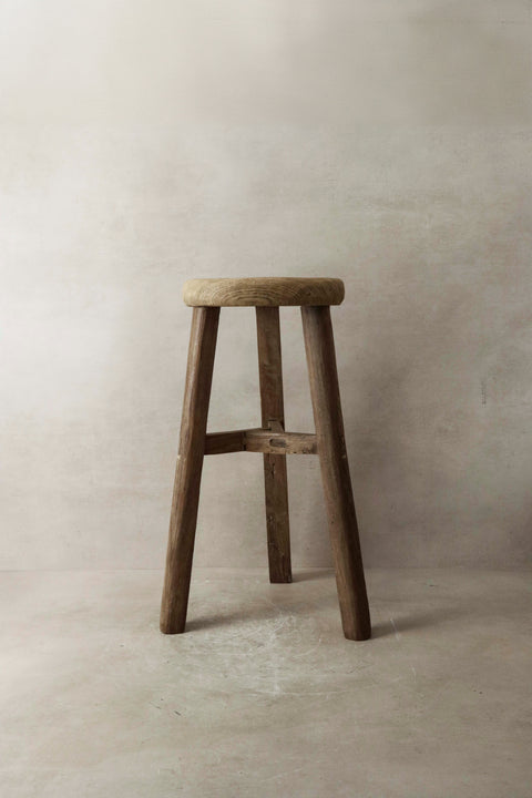 Vintage Rustic Elm Wood Stool - Round - No 7