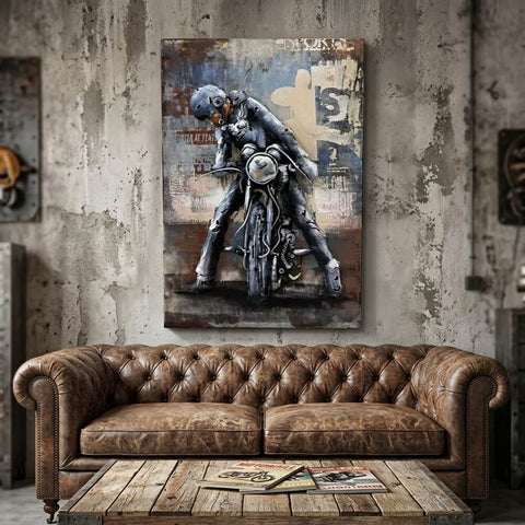 Vintage Rusty Biker on Motorcycle 3D Metal Wall Art, Living Room Decor, Unique Gift