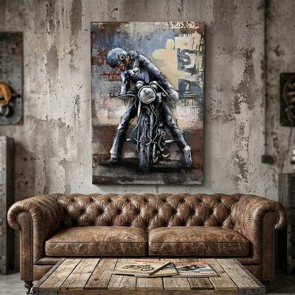 Vintage Rusty Biker on Motorcycle 3D Metal Wall Art, Living Room Decor, Unique Gift
