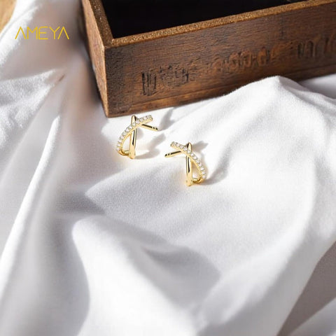 Boucles d'oreilles Ameya en forme de croix, plaquées or, argent sterling 925, cristal de créateur