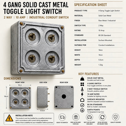 4 Gang 2 Way Solid Cast Metal Conduit Light Toggle Switch | Industrial Surface Mounted