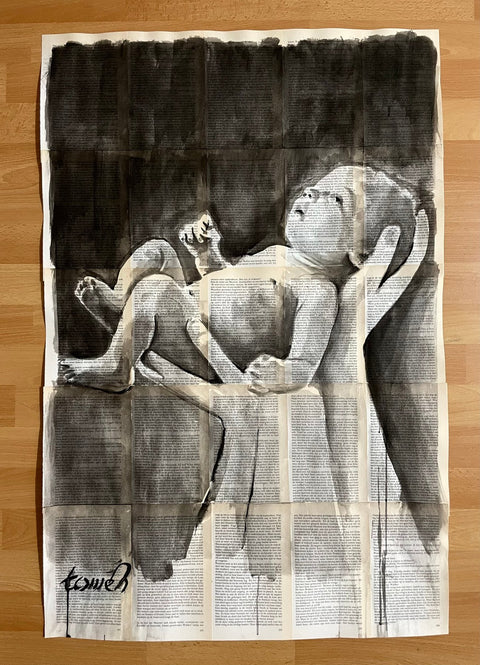 TOMEH 1988 - “Adam” – XL Original Painting – Ink Drawing on Vintage Book Pages .