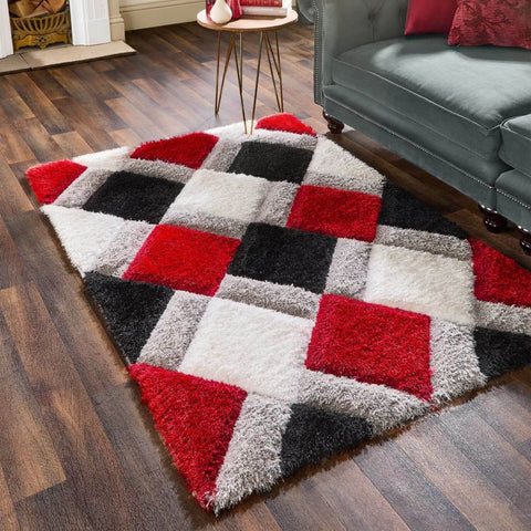 Tapis géométrique 3D rouge à poils longs