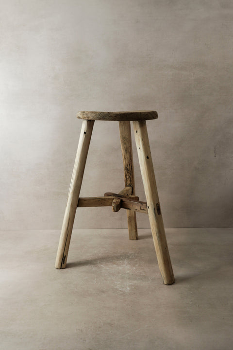 Vintage Rustic Elm Wood Stool - Round - No 4