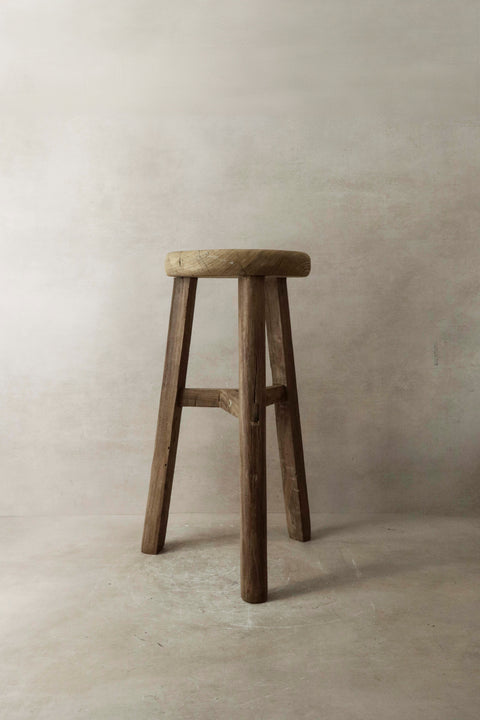 Vintage Rustic Elm Wood Stool - Round - No 7