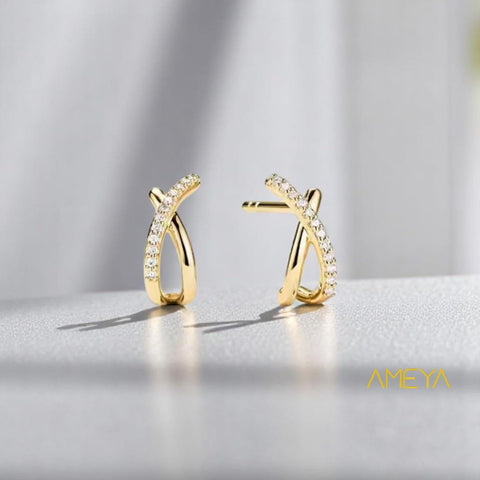 Boucles d'oreilles Ameya en forme de croix, plaquées or, argent sterling 925, cristal de créateur