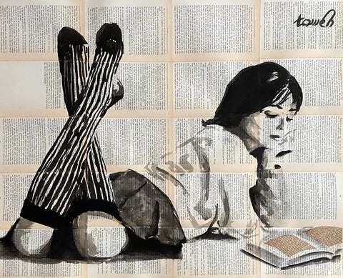 TOMEH 1988 - “The Reader” – XL Original Painting – Ink Drawing on Vintage Book Pages .