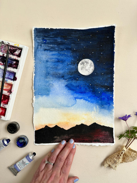 Hand-Painted Moon & Stars Watercolour Greeting Card