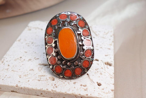 Large Ethnic Adjustable Tibetan Silver Rings, Turquoise, Coral Inlay Rings.