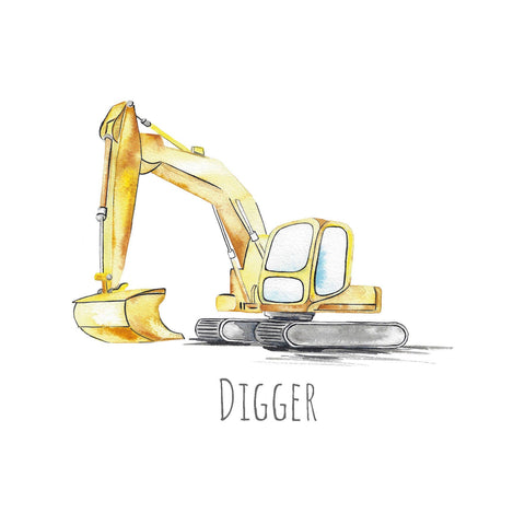 Digger construction site hand painted greetings card