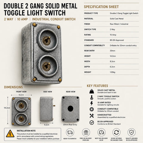 Double 2 Gang Cast Metal Light Switch | Industrial 2 Way Toggle Switch | Vintage Crabtree Style