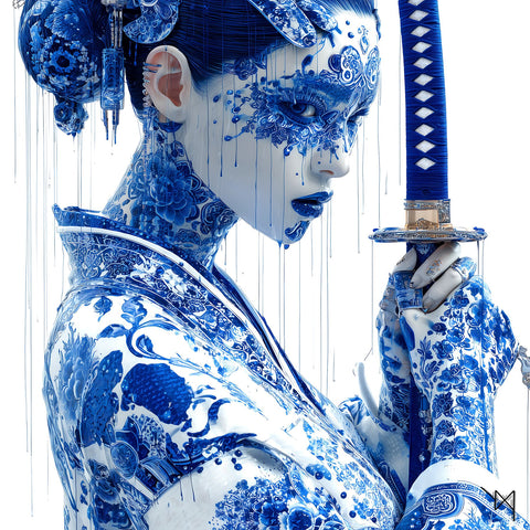 NYX - Geisha Samouraï - Hommage Bushido Porcelaine - Katana Bleu Cobalt