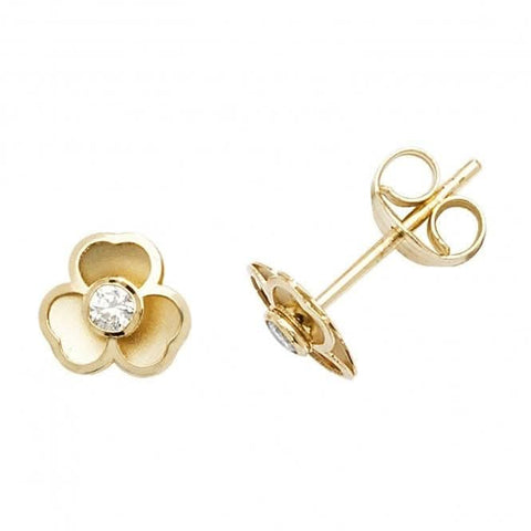 Ohrstecker aus 9-karätigem Gelbgold mit dreiblättriger Blume und einzelnem Zirkonia ES559
