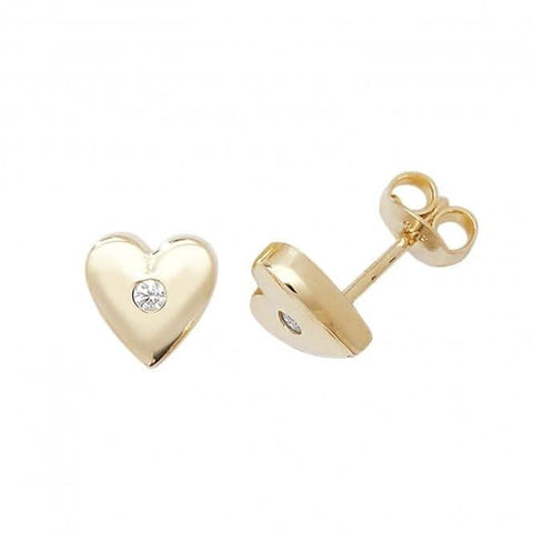 Boucles d'oreilles puces en or 9 carats en forme de cœur avec une pierre de zircone unique ER096