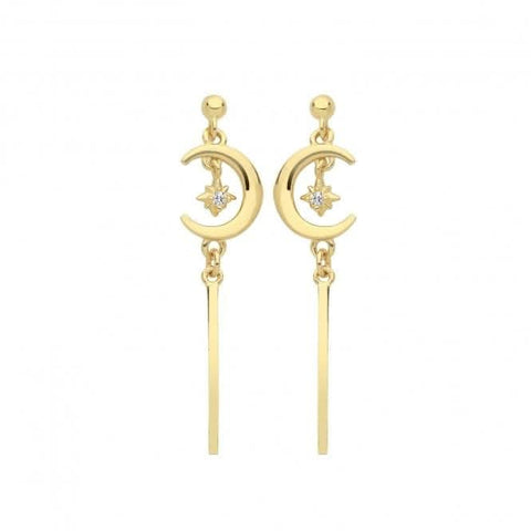 Boucles d'oreilles lune en or jaune 9 carats avec étoile en zircone pendante ER1167
