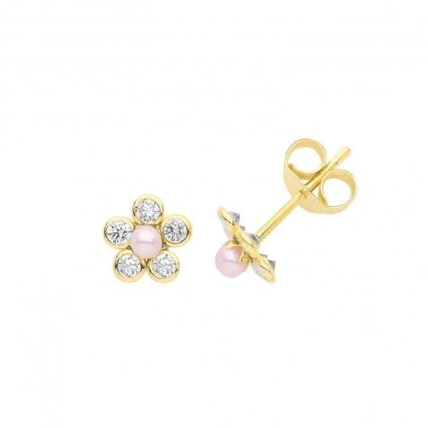 Ohrstecker aus 9-karätigem Gelbgold mit Perle und Zirkonia in Blumenform ES637