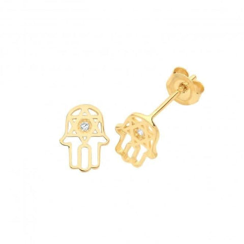 Hamsa-Ohrstecker aus 9-karätigem Gelbgold mit Zirkonia ES1604