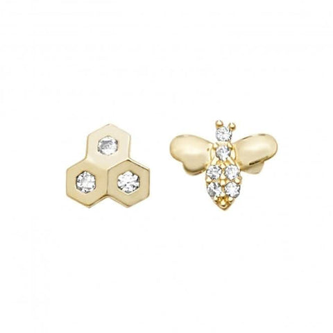 Boucles d'oreilles puces en or jaune 9 carats, zirconiums, motif nid d'abeille et abeille ES615