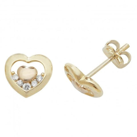 9 Karat Gelb-/Roségold Zirkonia Doppelherz-Ohrstecker ES436