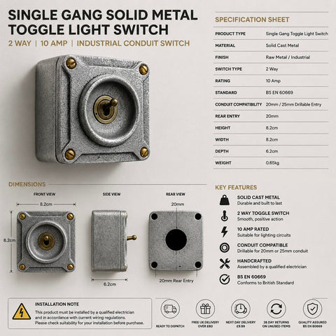 Single Gang Solid Metal Toggle Light Switch | 2 Way 10 Amp Industrial Conduit Switch